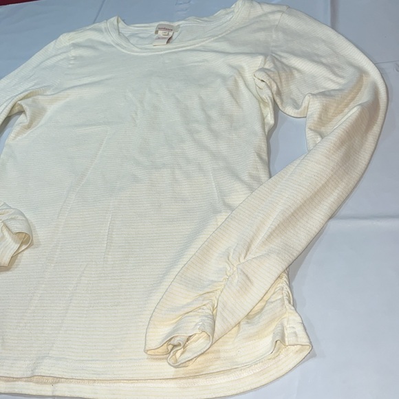 Sundance light yellow SHIRT long ruched sleeved thin Stripes round neck cotton M - Picture 7 of 13